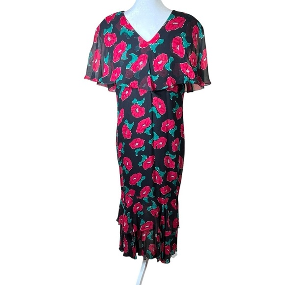 Vintage JOANIE CHAR 100% Silk Ruffled Floral Dress Red Black Chiffon Maxi Size 6 - Picture 2 of 9